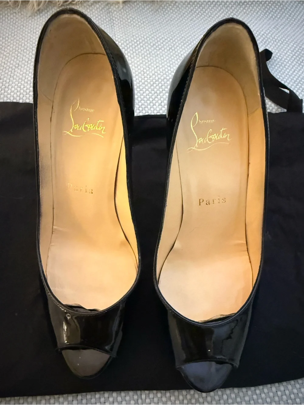 Christian Louboutin Black Patent Peep-Toe Platform Pumps with Red Soles